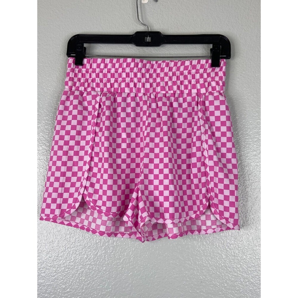 Women Small Pink White Checkerboard Shorts Elastic Waist Casual Lounge Loose